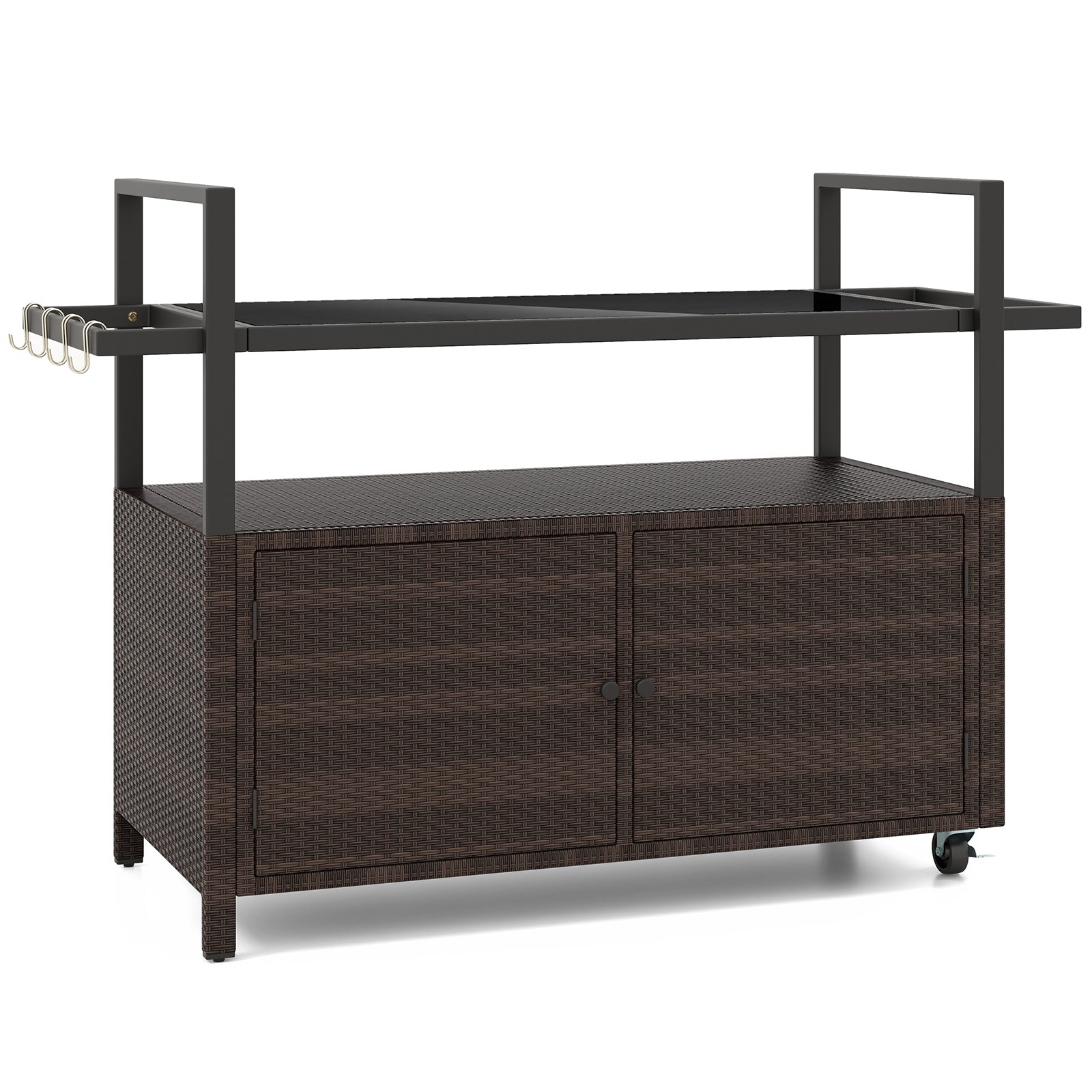 Outdoor Bar Cart Wicker Buffet Serving Cart with Cabinet and 8 Hooks-Brown