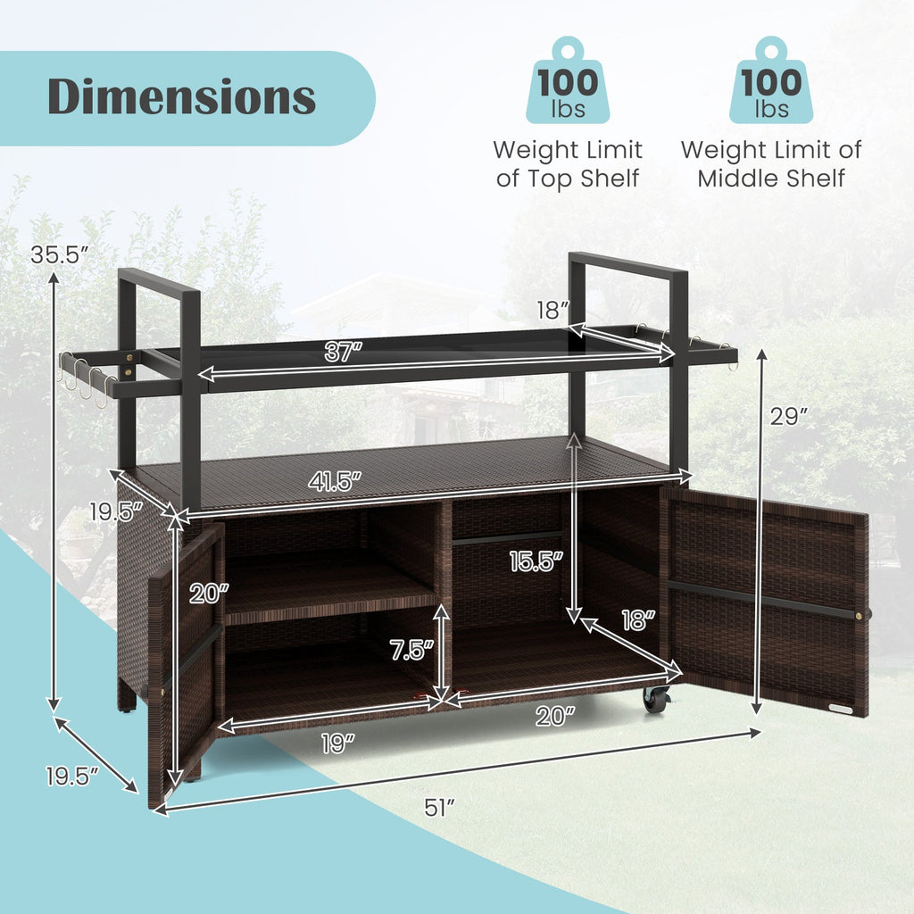 Outdoor Bar Cart Wicker Buffet Serving Cart with Cabinet and 8 Hooks-Brown