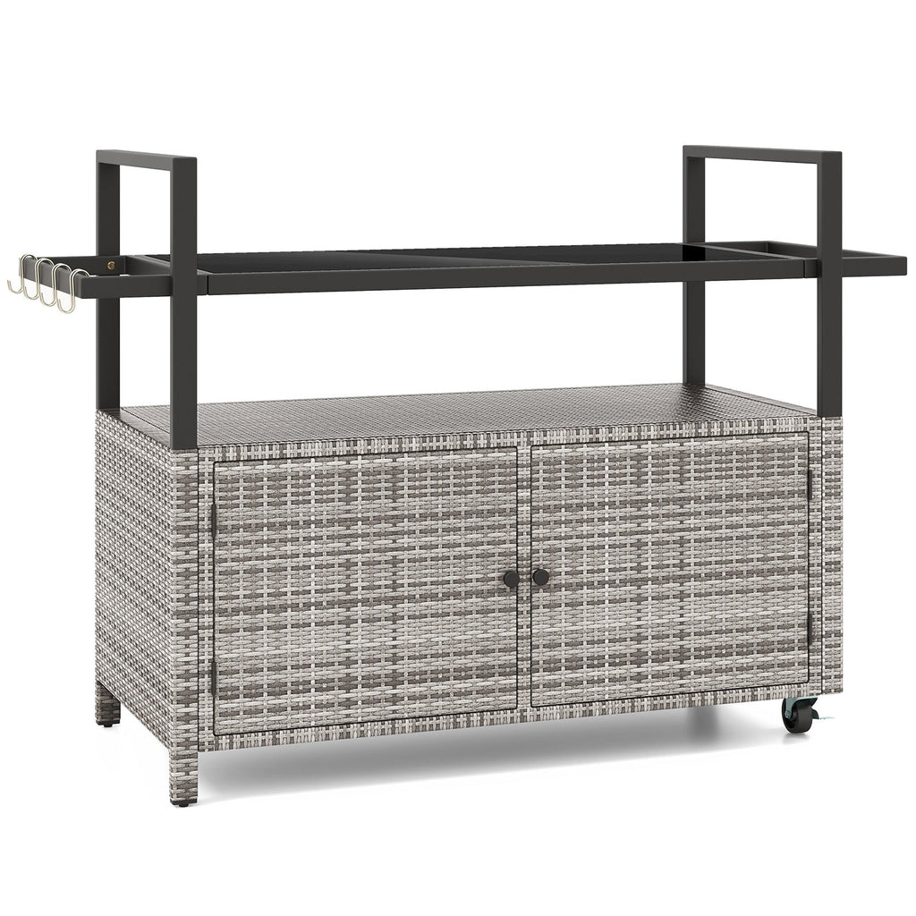 Outdoor Bar Cart Wicker Buffet Serving Cart with Cabinet and 8 Hooks-Gray