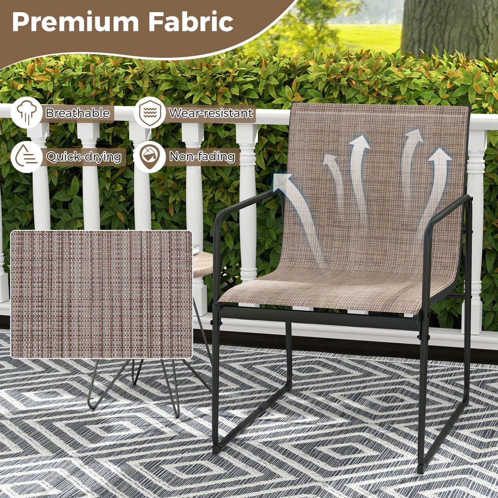 Outdoor Dining Chairs Set of 2 Patio Furniture Chair with Breathable Seat and Backrest-Brown