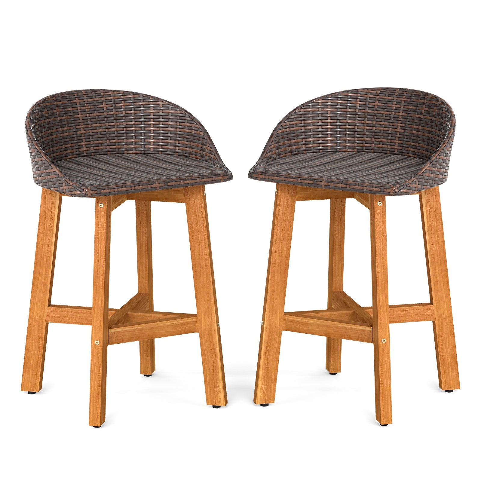 Outdoor Faux Rattan Bar Chairs Set of 2 with Ergonomic Backrests and Footrests-Brown