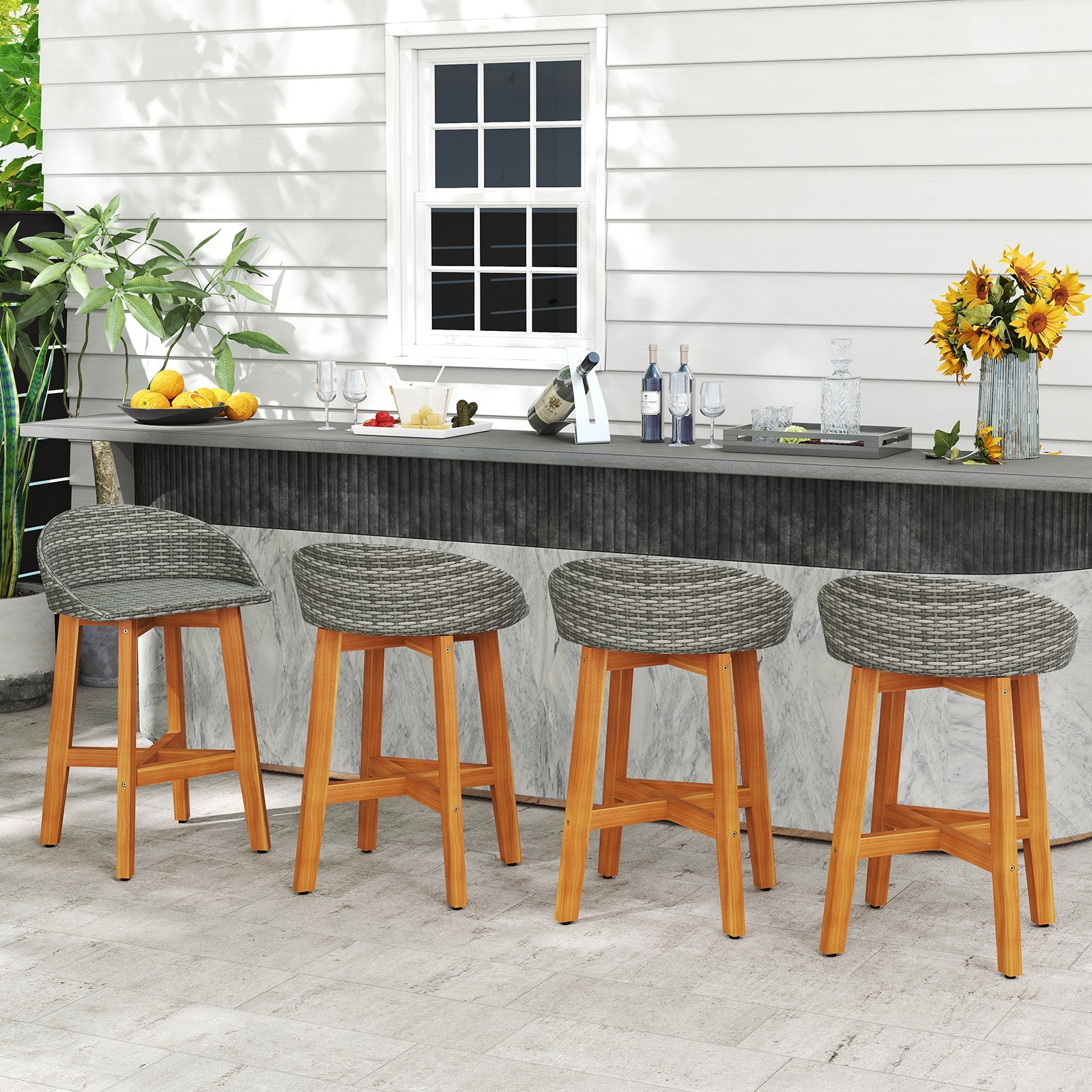 Outdoor Faux Rattan Bar Chairs Set of 2 with Ergonomic Backrests and Footrests-Gray