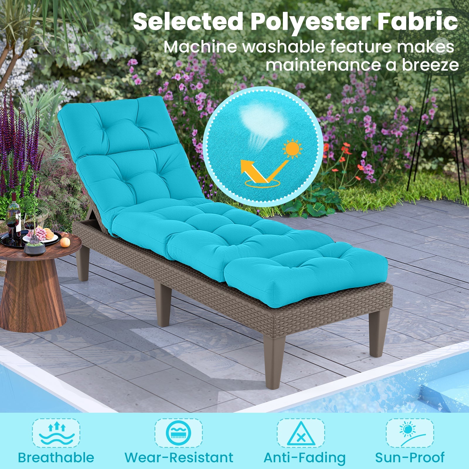 Outdoor Lounge Chaise Cushion with String Ties for Garden Poolside-Green