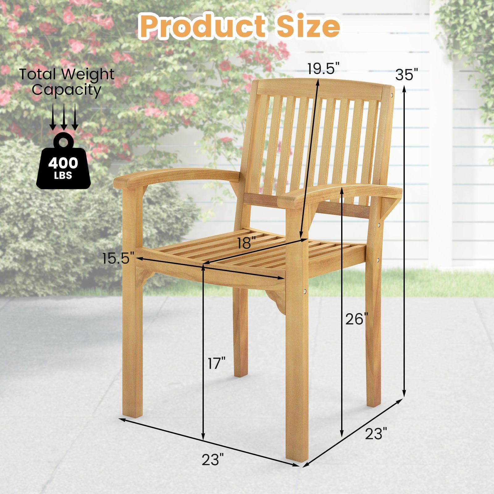 Set of 2 Outdoor Patio Chair with Slatted Seat and Curved Seat