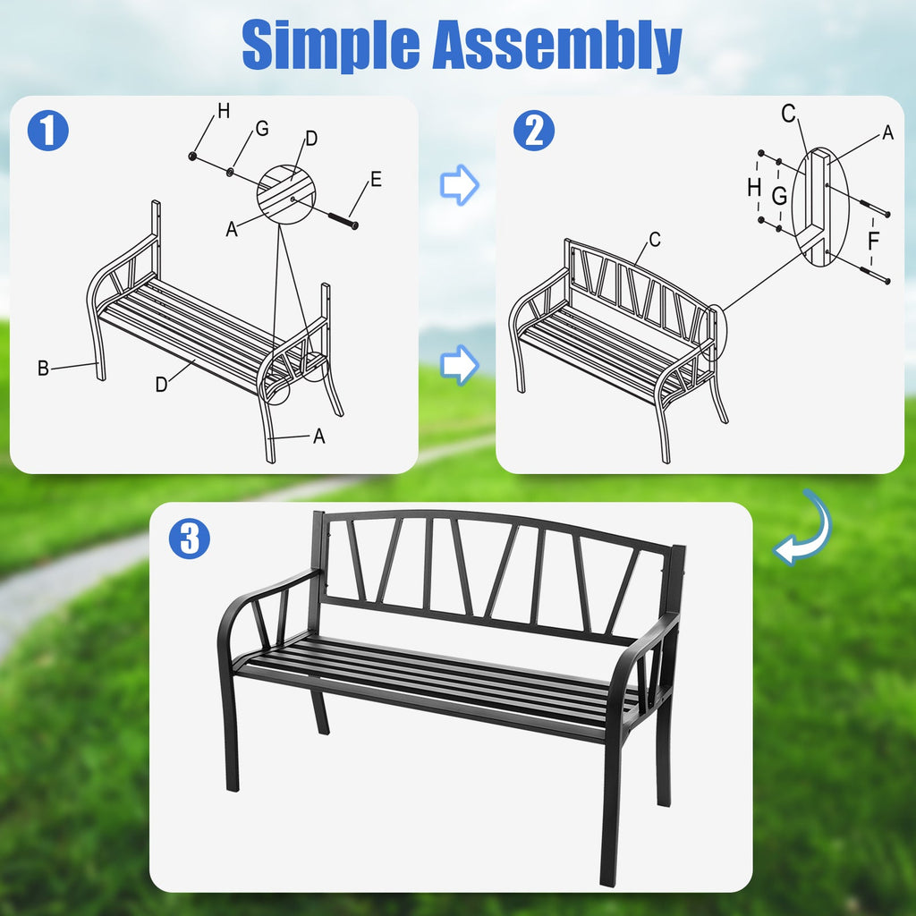 Patio Garden Bench with Metal Frame and Slatted Seat-Black