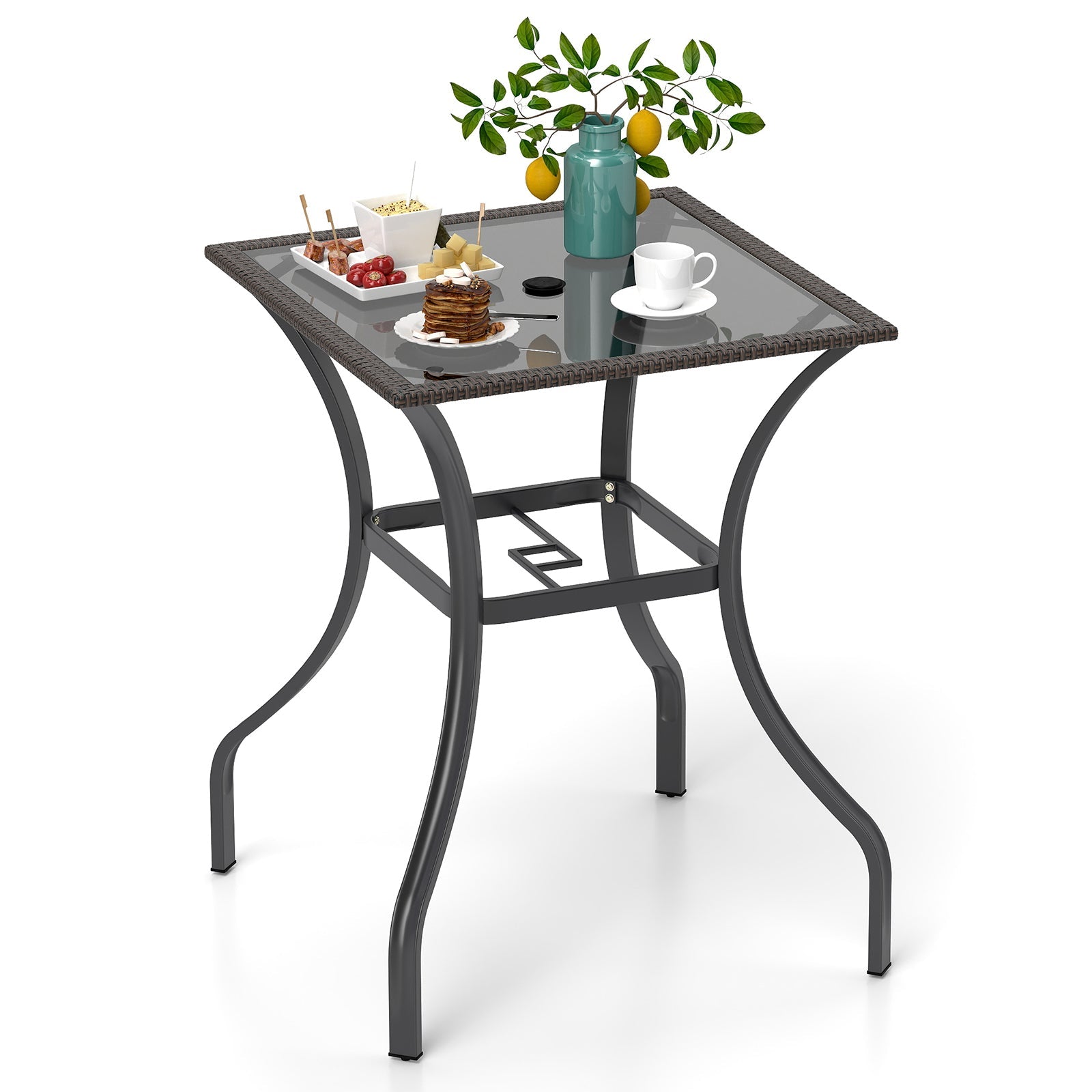 28.5 Inch Outdoor Patio Square Glass Top Table with Rattan Edging