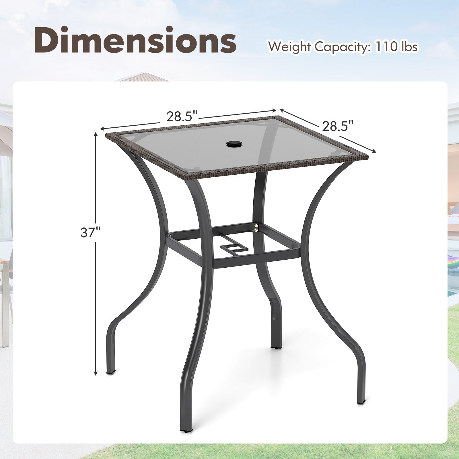 28.5 Inch Outdoor Patio Square Glass Top Table with Rattan Edging