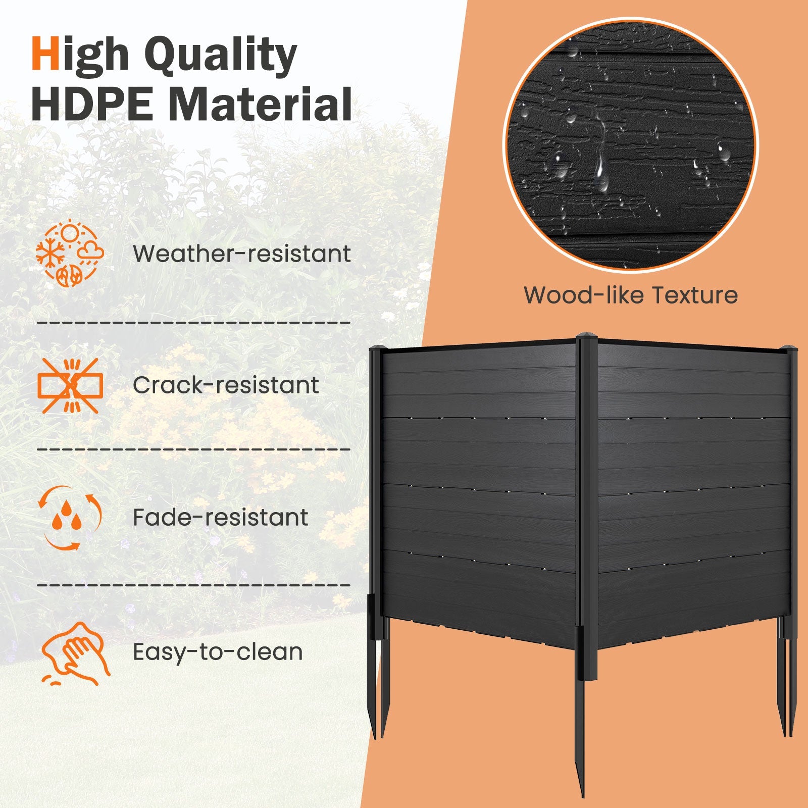 Outdoor Privacy Fence Screen with 5 Ground Stakes for Garden Yard Patio-Black