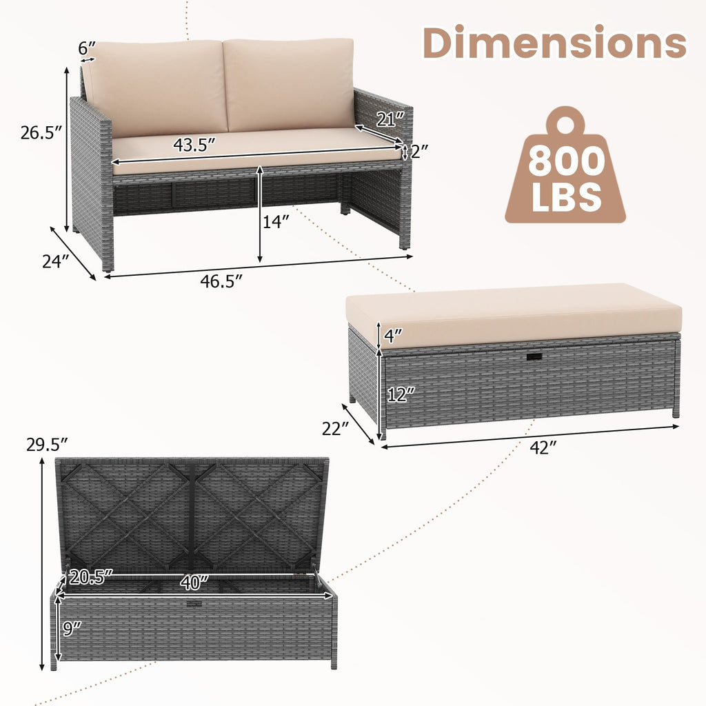 Outdoor Rattan Daybed Wicker Loveseat and 31 Gallon Storage Ottoman-Brown