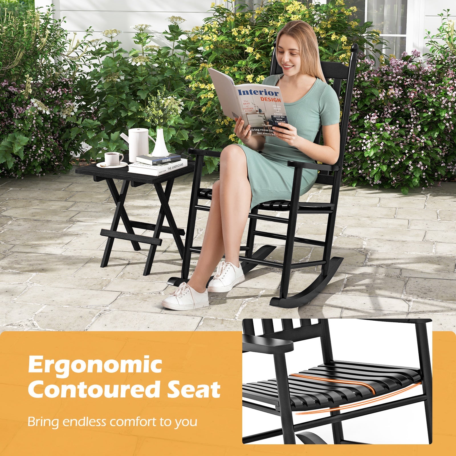 High-Back Acacia Wood Outdoor Rocking Chair with Solid Rocking Base-Black