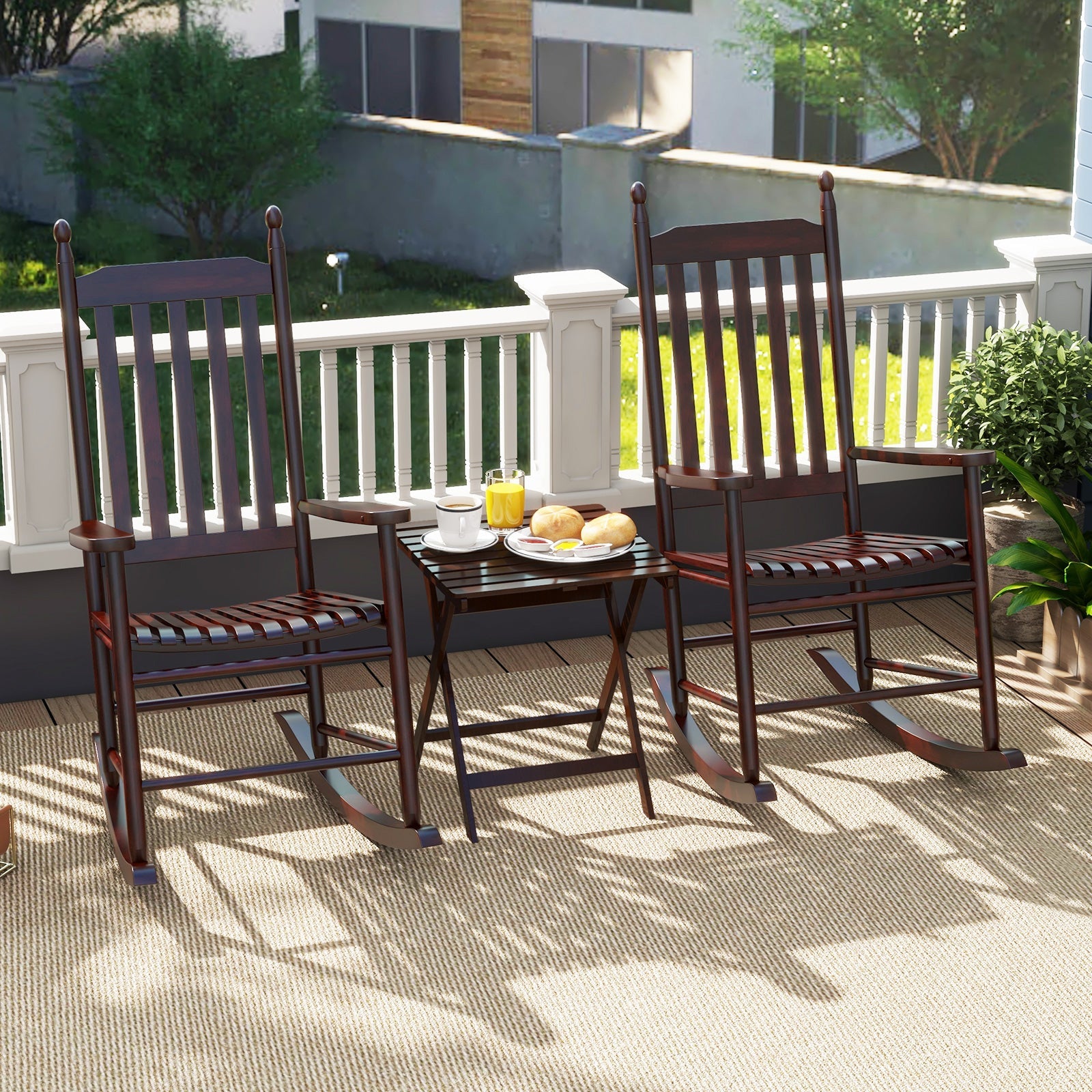 High-Back Acacia Wood Outdoor Rocking Chair with Solid Rocking Base-Brown
