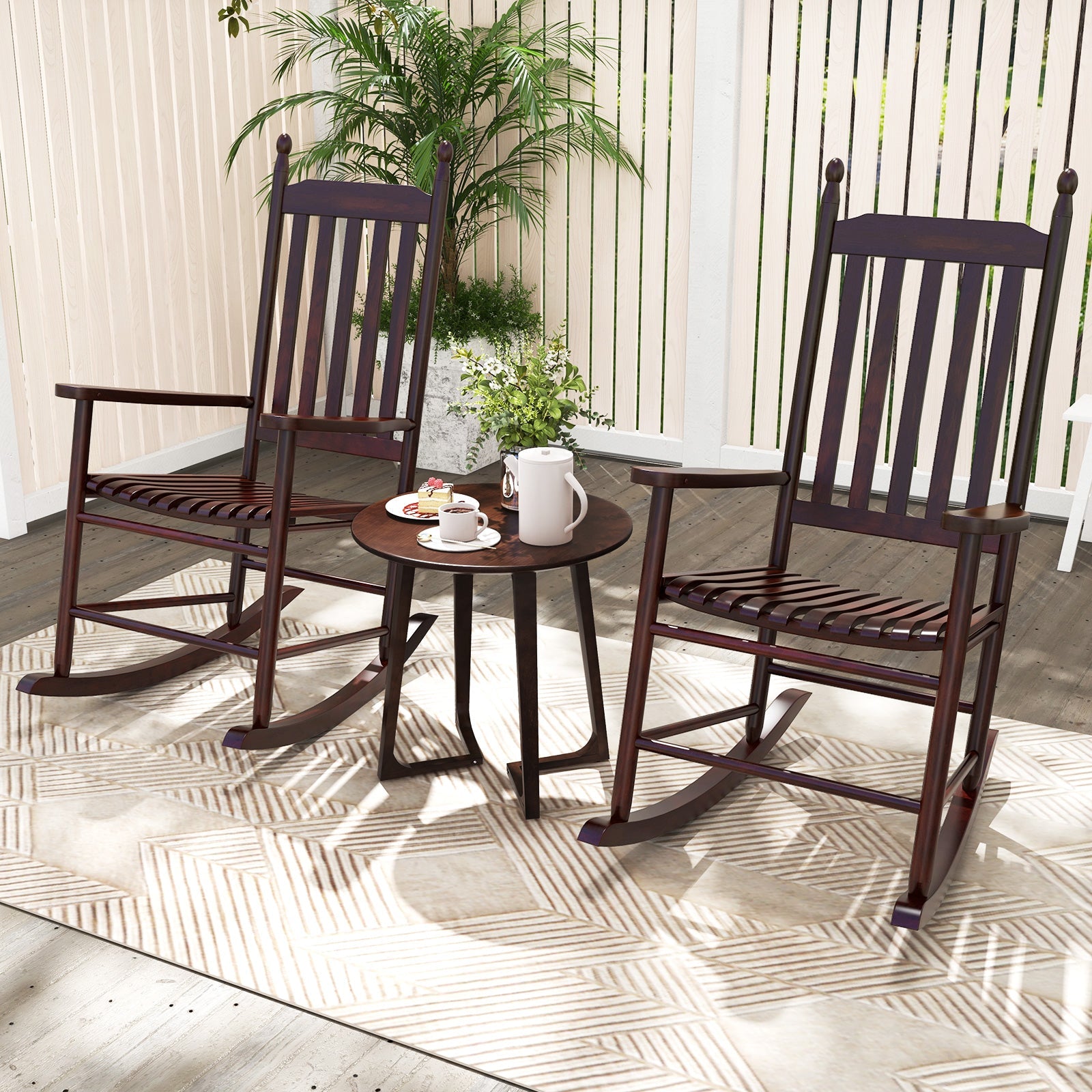 High-Back Acacia Wood Outdoor Rocking Chair with Solid Rocking Base-Brown
