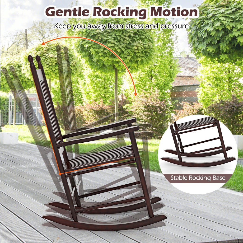 High-Back Acacia Wood Outdoor Rocking Chair with Solid Rocking Base-Brown