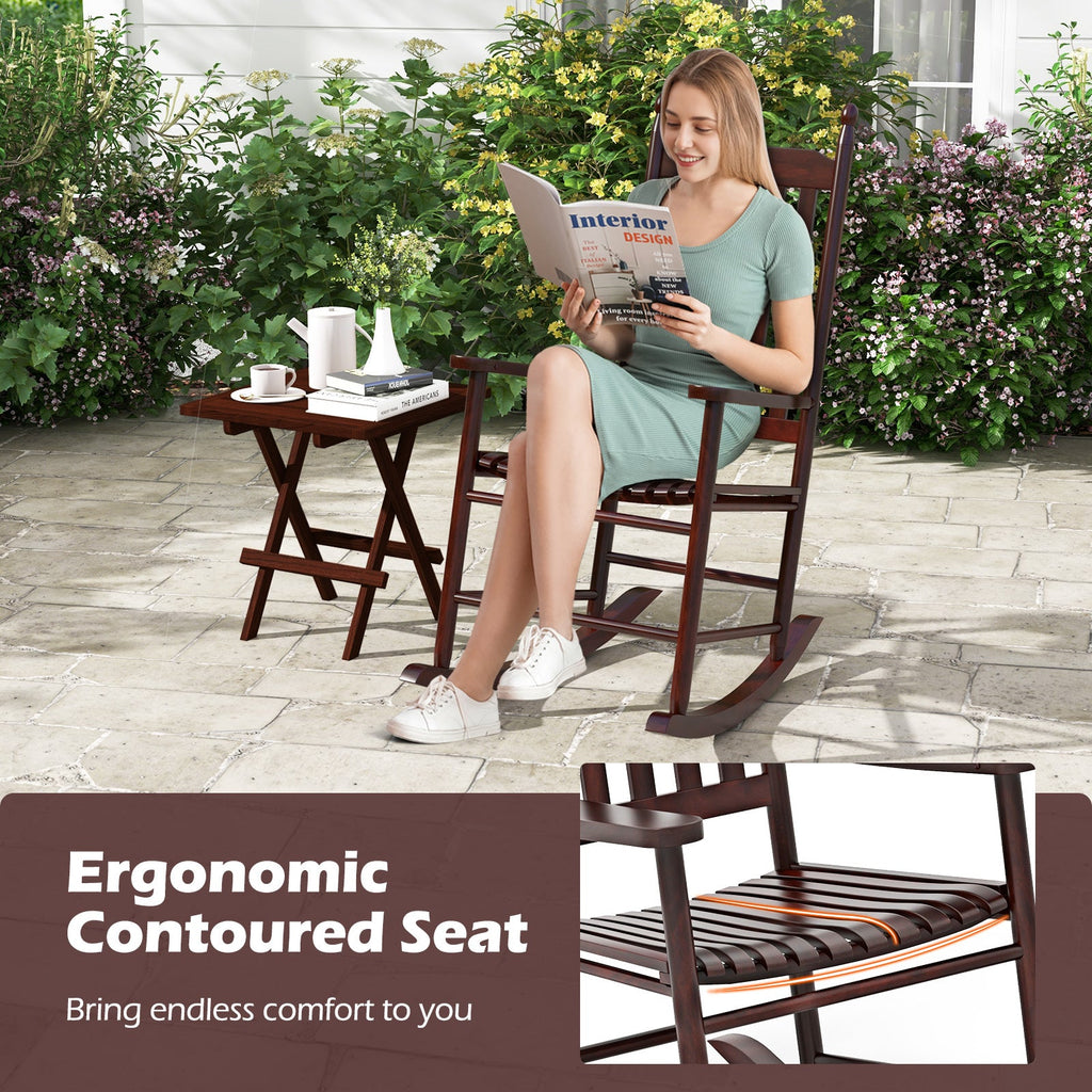 High-Back Acacia Wood Outdoor Rocking Chair with Solid Rocking Base-Brown