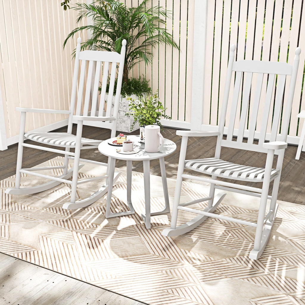High-Back Acacia Wood Outdoor Rocking Chair with Solid Rocking Base-White