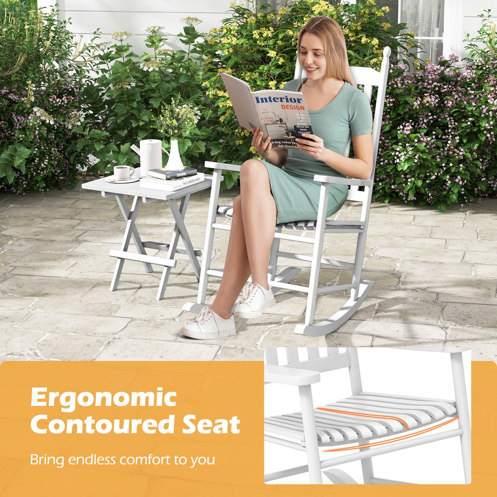High-Back Acacia Wood Outdoor Rocking Chair with Solid Rocking Base-White