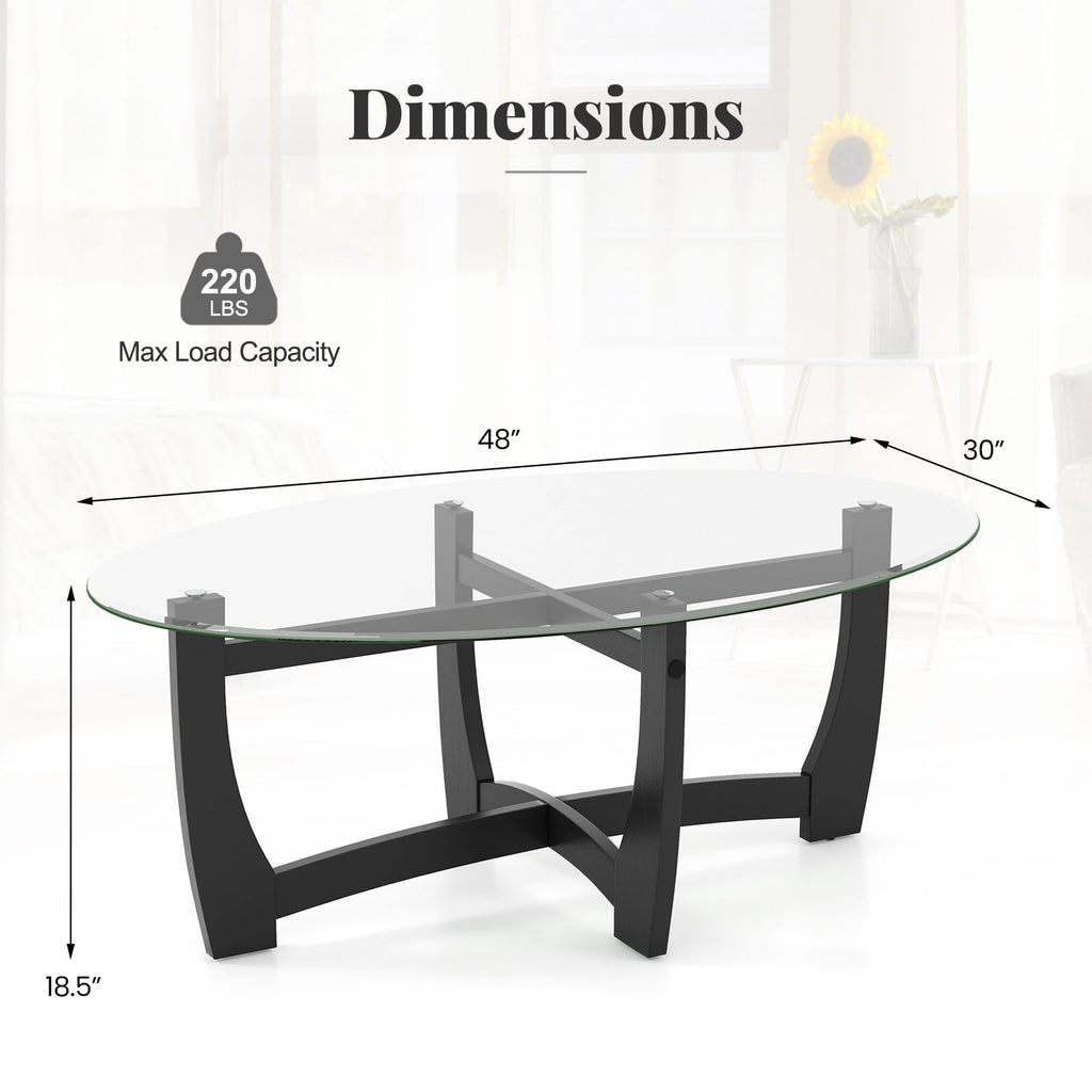 Oval Coffee Table with Tempered Glass Tabletop and Rubber Wood Legs-Black