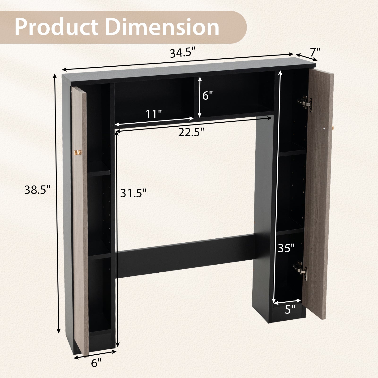 Over The Toilet Storage Cabinet with 2 Open Compartments and 4 Adjustable Shelves-Black