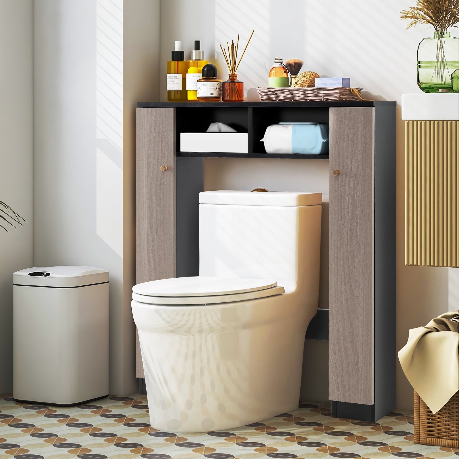 Over The Toilet Storage Cabinet with 2 Open Compartments and 4 Adjustable Shelves-Black