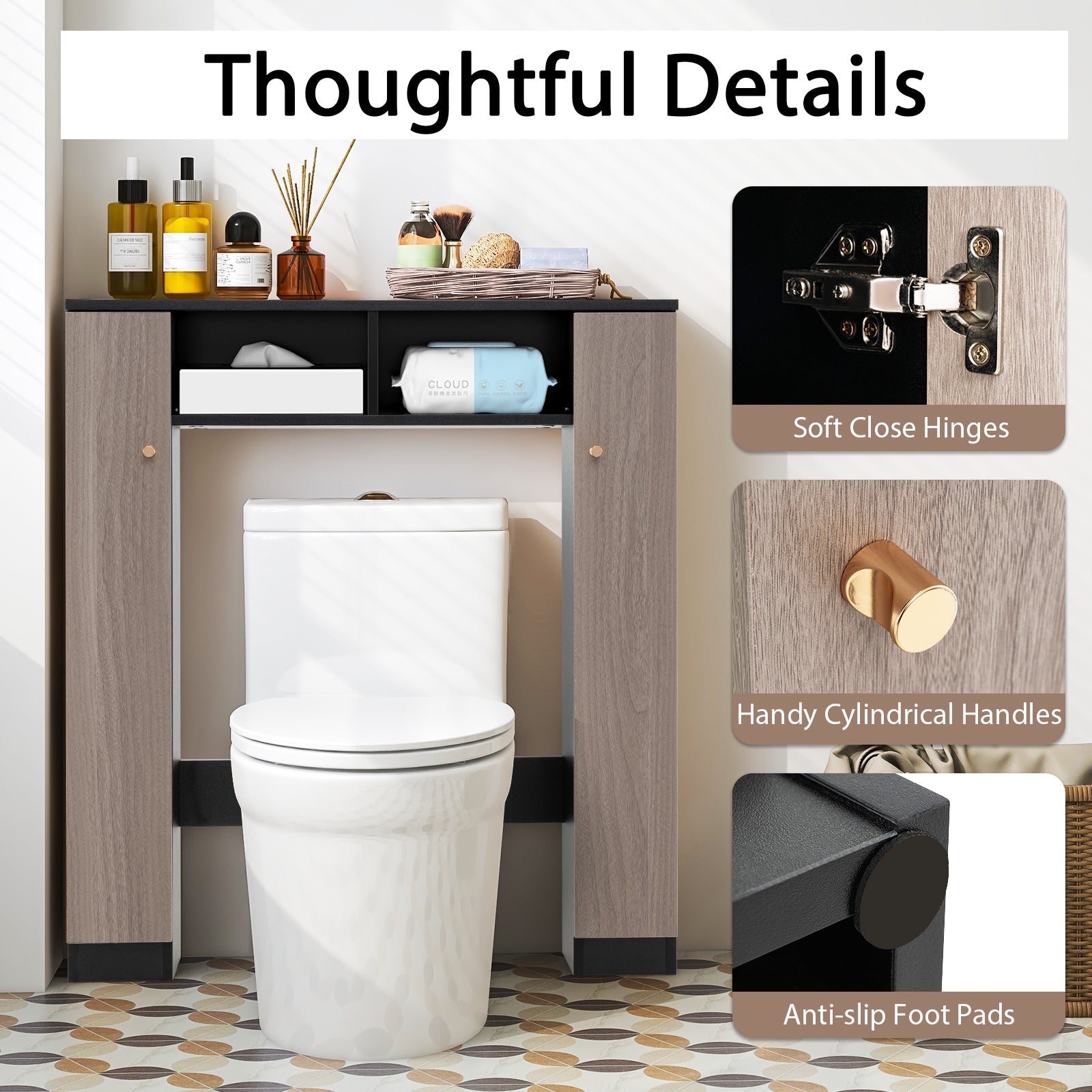 Over The Toilet Storage Cabinet with 2 Open Compartments and 4 Adjustable Shelves-Black
