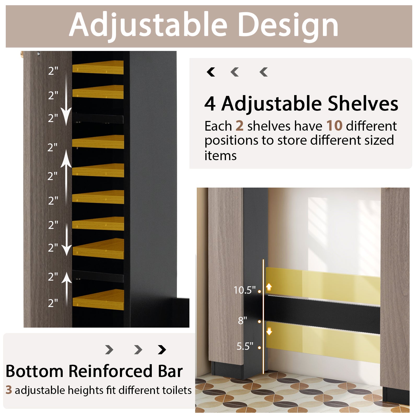 Over The Toilet Storage Cabinet with 2 Open Compartments and 4 Adjustable Shelves-Black