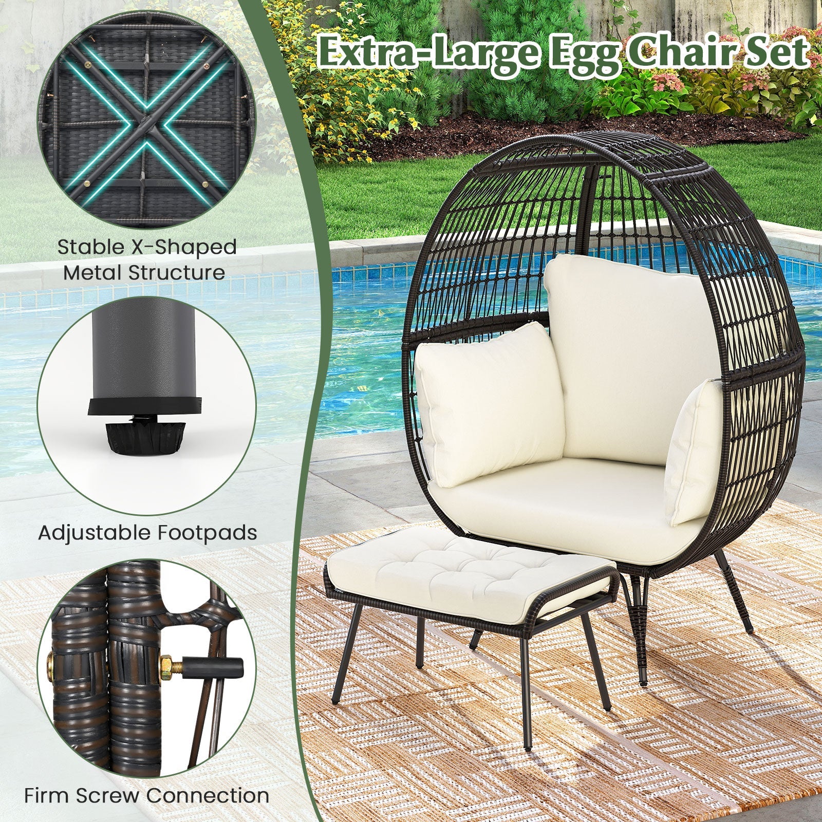 Oversized Egg Chair with Ottoman and Soft Cushions-White