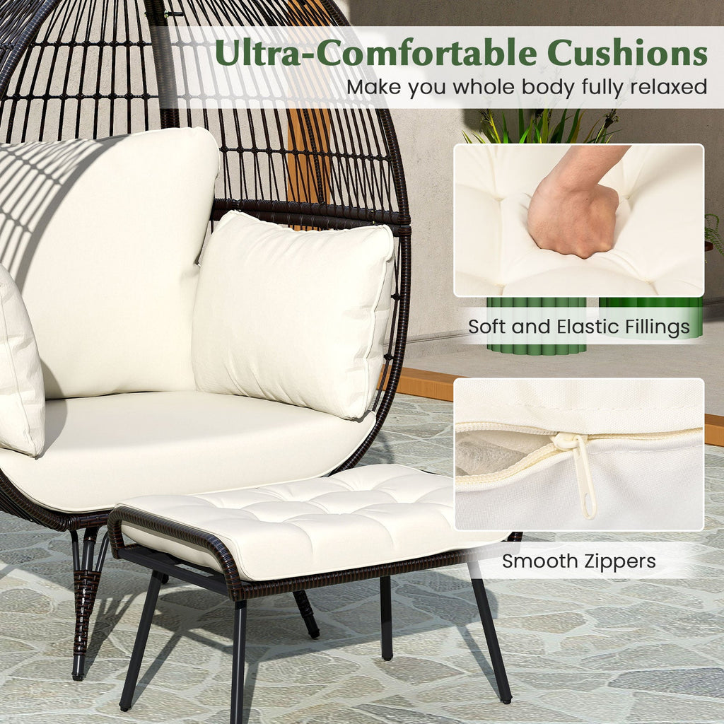 Oversized Egg Chair with Ottoman and Soft Cushions-White