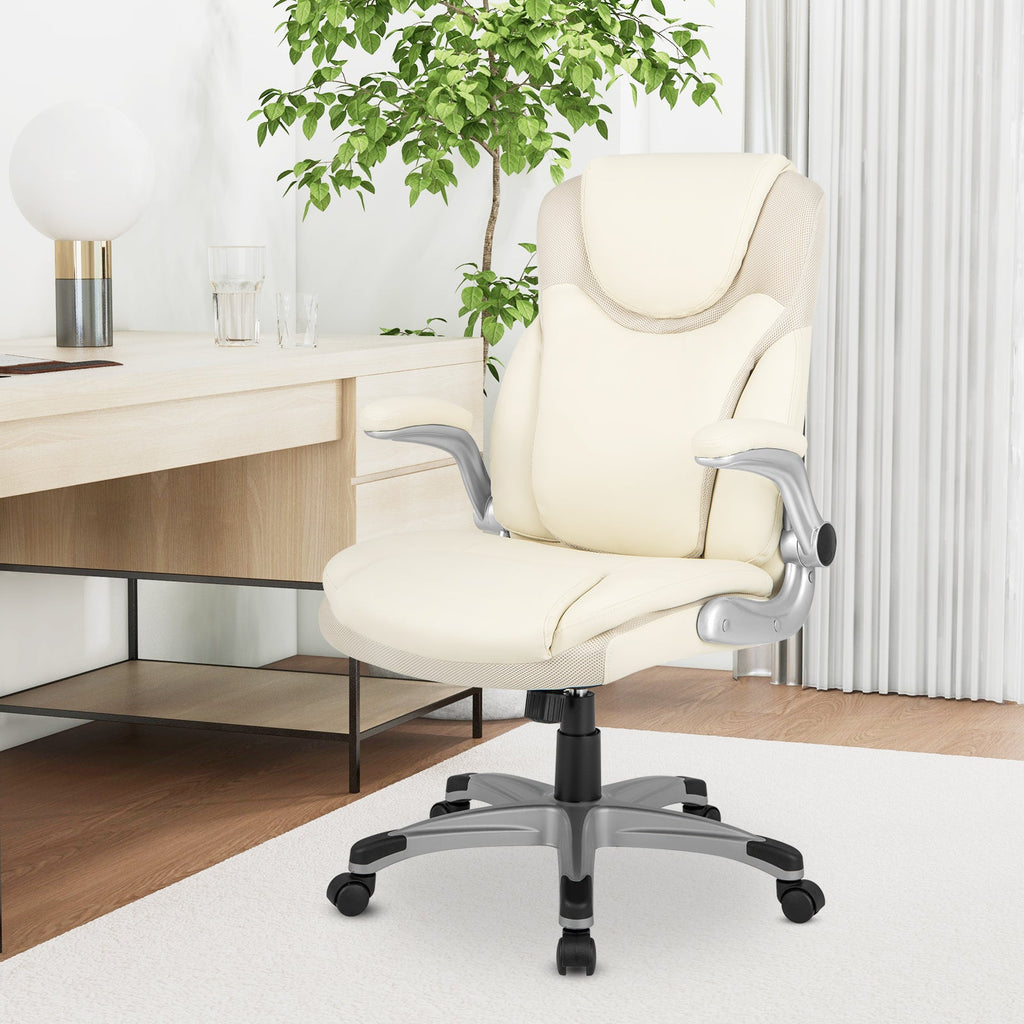 Ergonomic Office PU Leather Executive Chair with Flip-up Armrests and Rocking Function-White