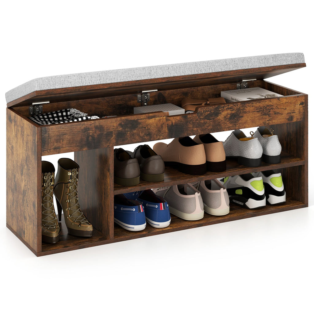 Padded Seat Shoe Bench with Hidden Storage and 3 Open Shelves-Coffee