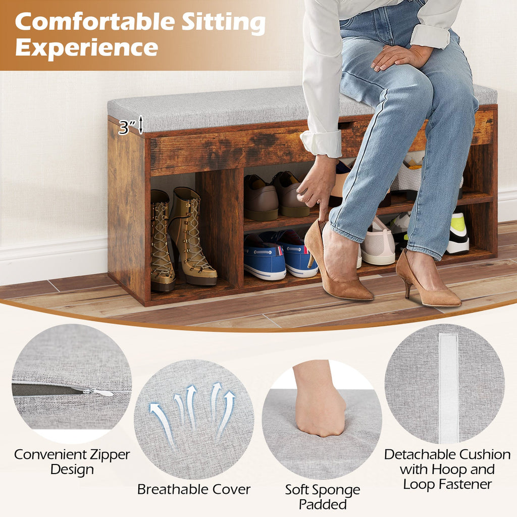 Padded Seat Shoe Bench with Hidden Storage and 3 Open Shelves-Coffee