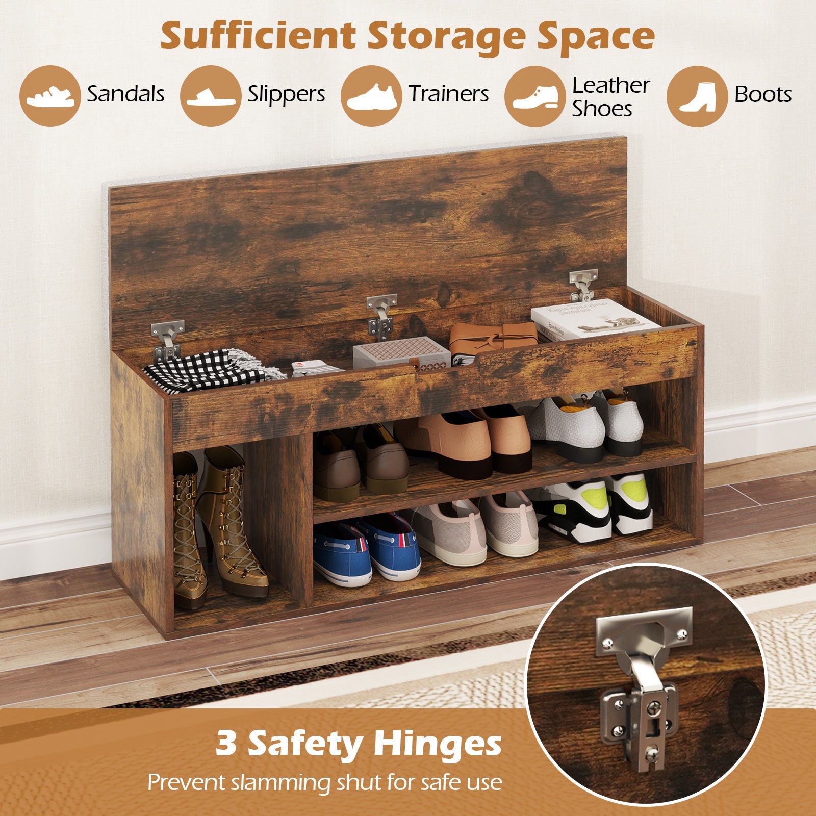 Padded Seat Shoe Bench with Hidden Storage and 3 Open Shelves-Coffee