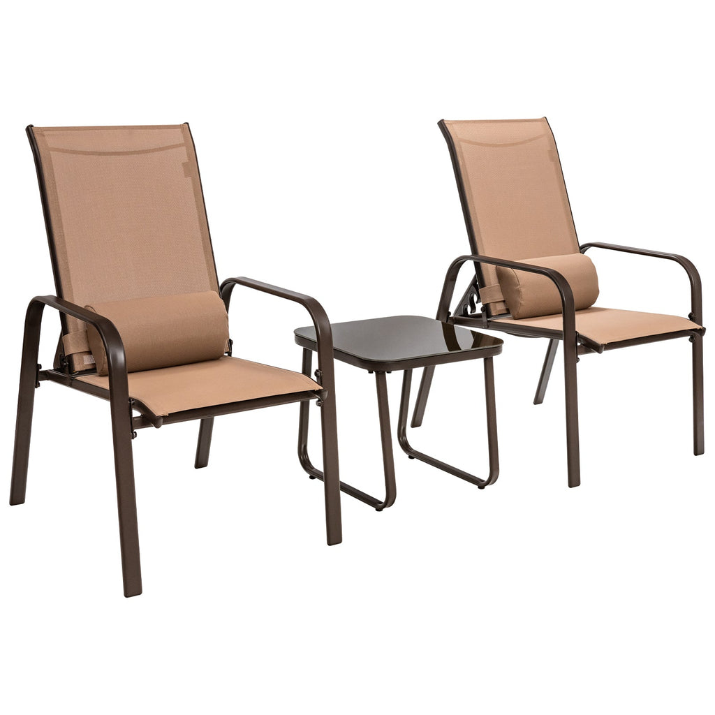 3 Pieces Patio Bistro Furniture Set with Adjustable Backrest-Brown