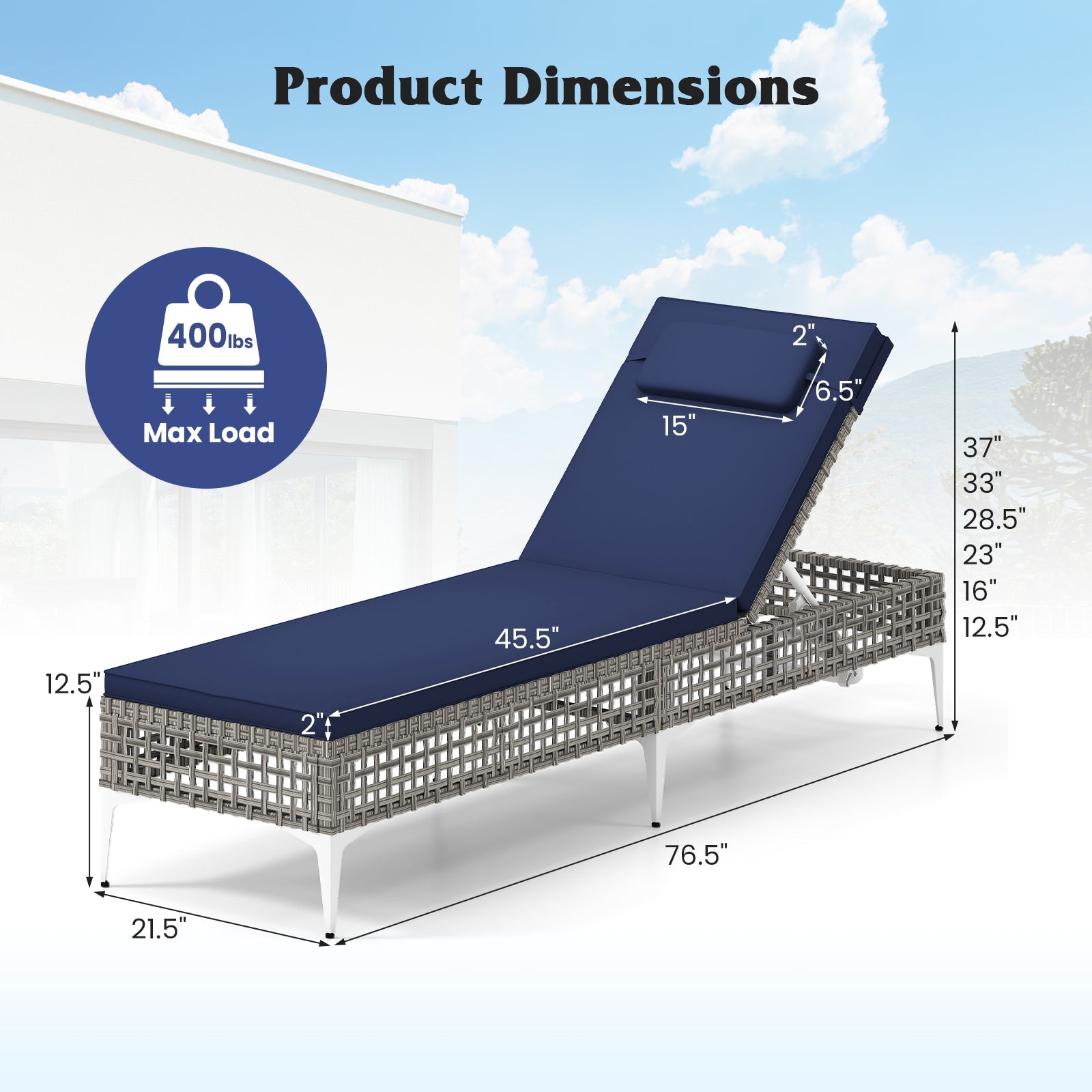2 Pieces Patio Chaise Lounge Chair with 6-Level Adjustable Backrest and Headrest for Poolside-Navy