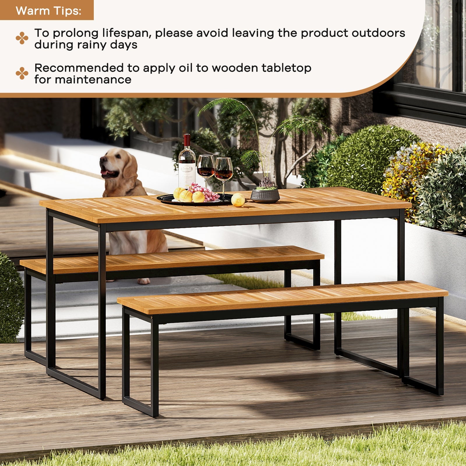 Patio Dining Bench Backless with Slatted Seat and Metal Legs
