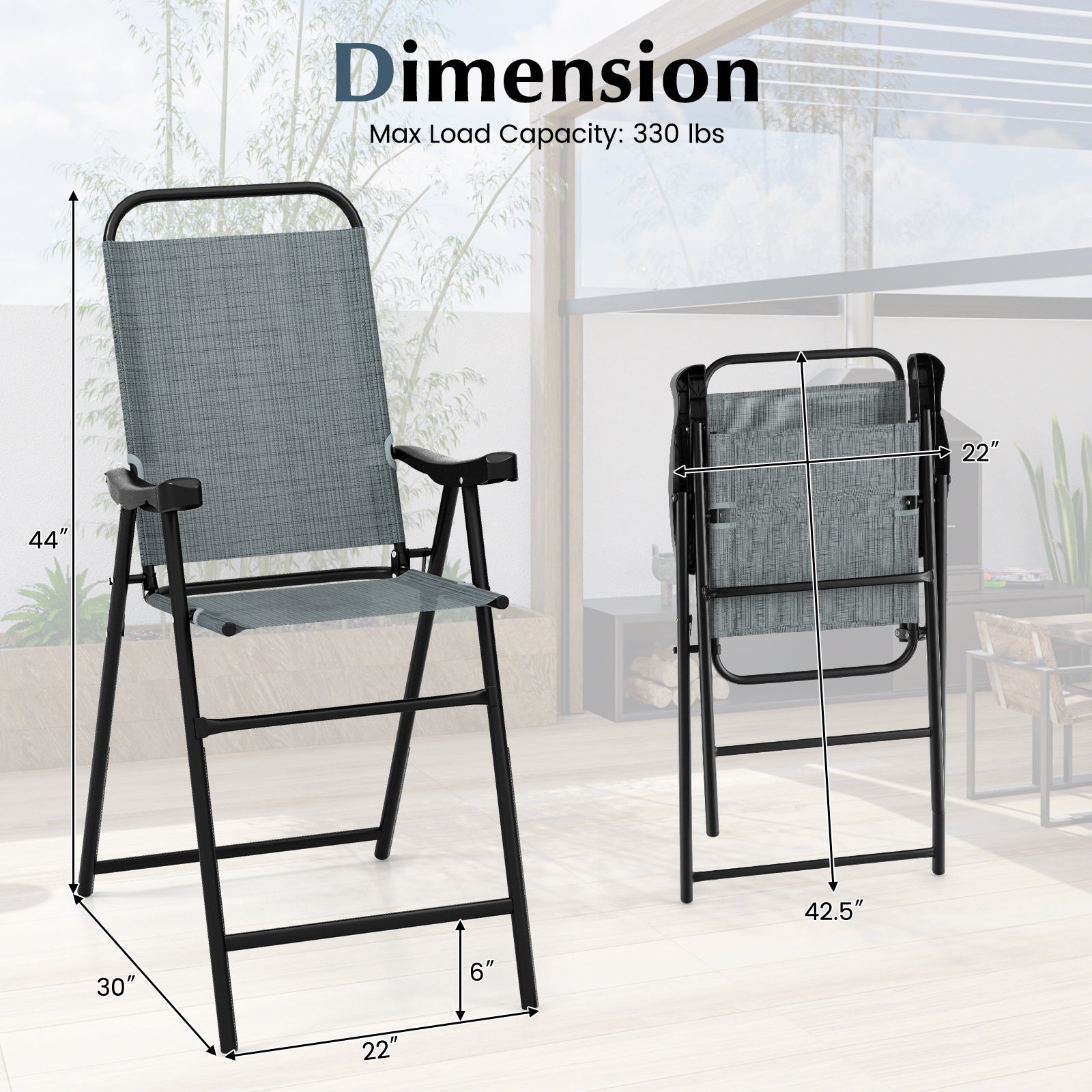 Patio Folding Bar Stool Set of 4 with Metal Frame and Footrest-Blue
