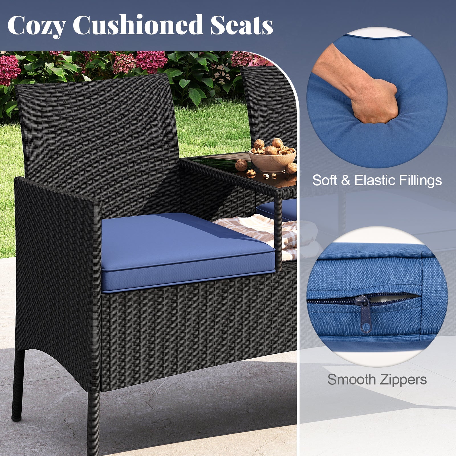 Patio Loveseat with Built-in Table for Backyard Porch-Navy