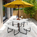 Outdoor Picnic Table with 4 Benches and Umbrella Hole-White