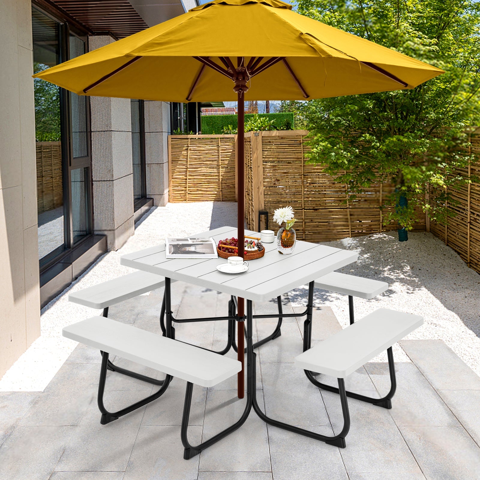 Outdoor Picnic Table with 4 Benches and Umbrella Hole-White
