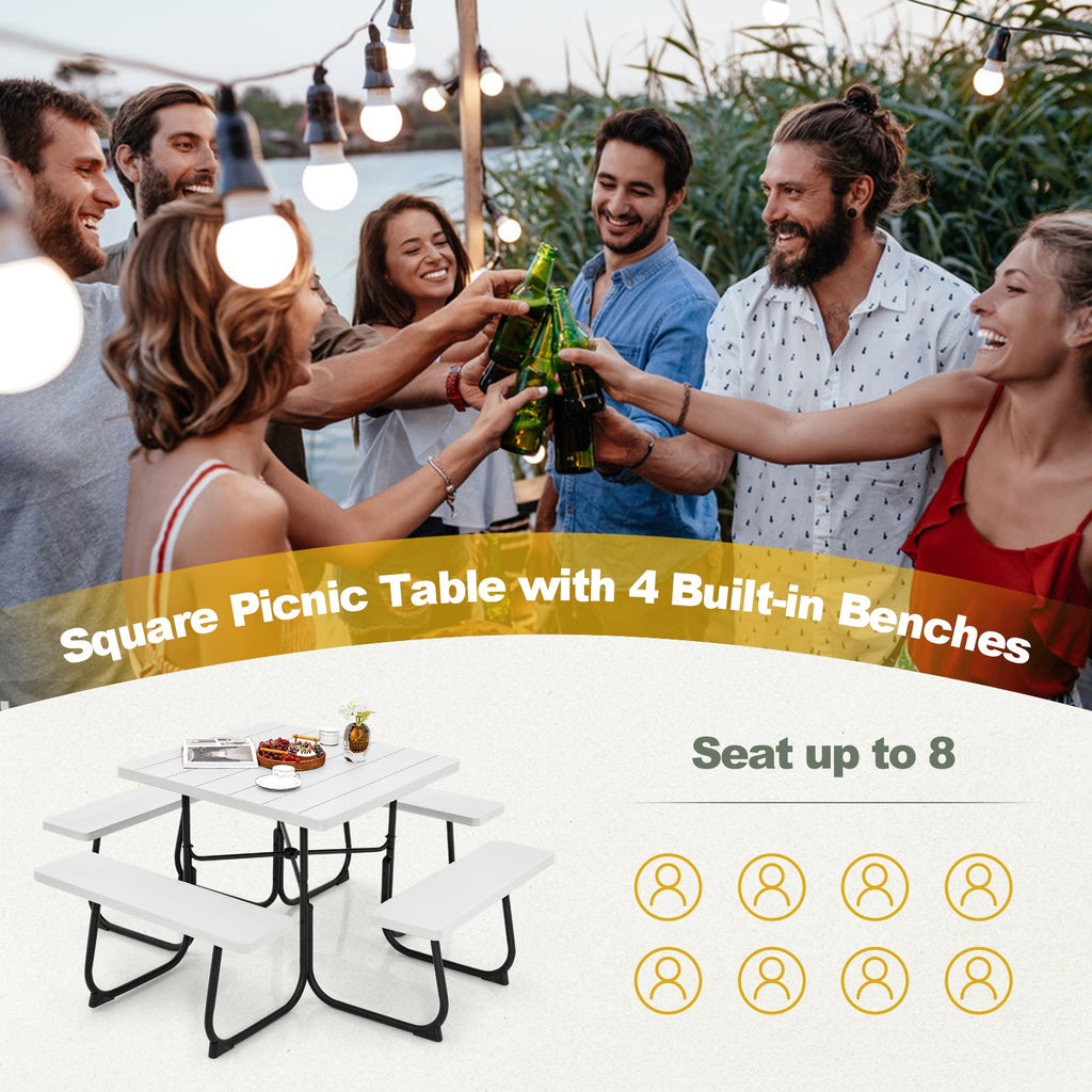 Outdoor Picnic Table with 4 Benches and Umbrella Hole-White