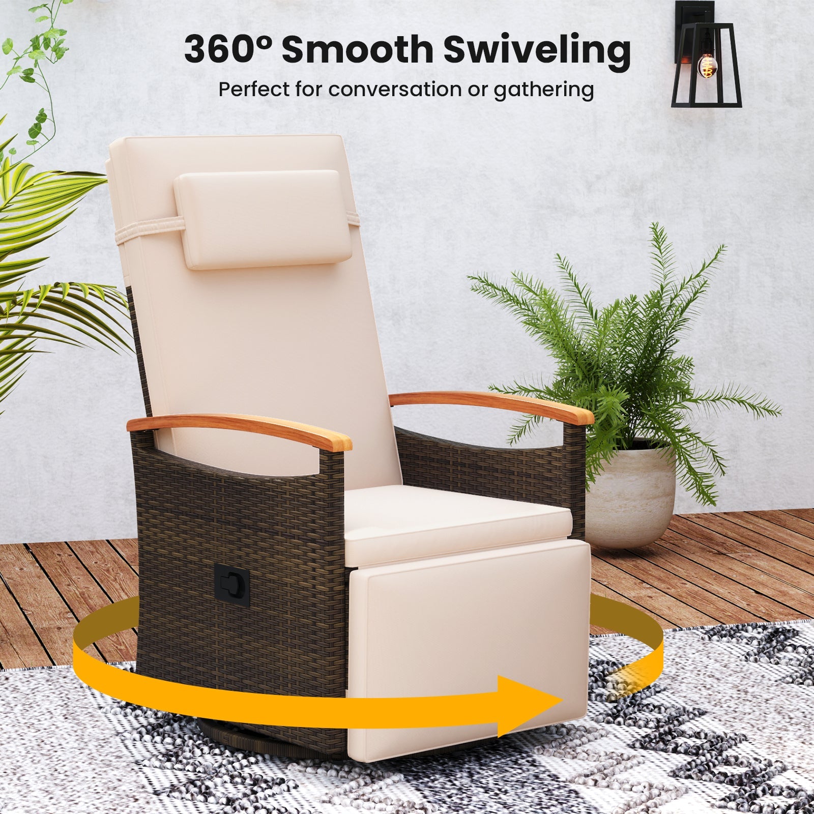 Patio Rattan 360° Swivel Recliner Chair with Adjustable Backrest and Footrest-Beige