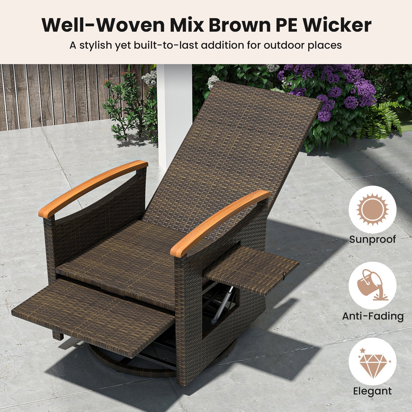 Patio Rattan 360° Swivel Recliner Chair with Adjustable Backrest and Footrest-Beige