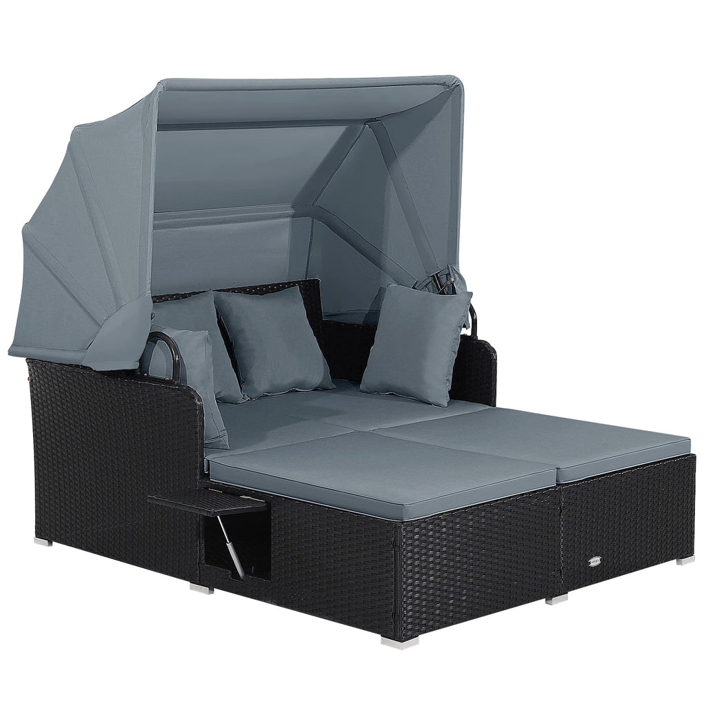 Patio Rattan Daybed with Retractable Canopy and Side Tables-Gray