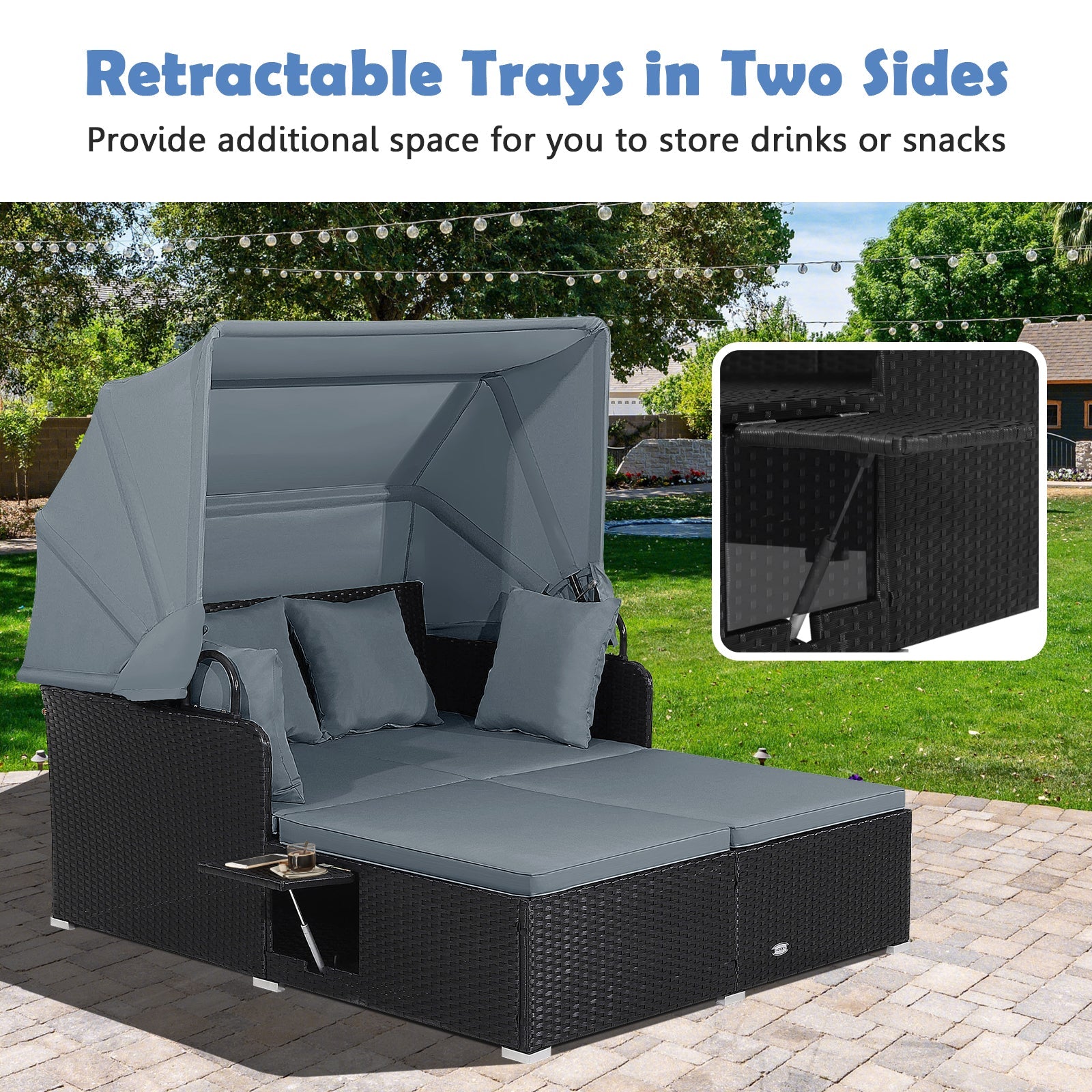 Patio Rattan Daybed with Retractable Canopy and Side Tables-Gray