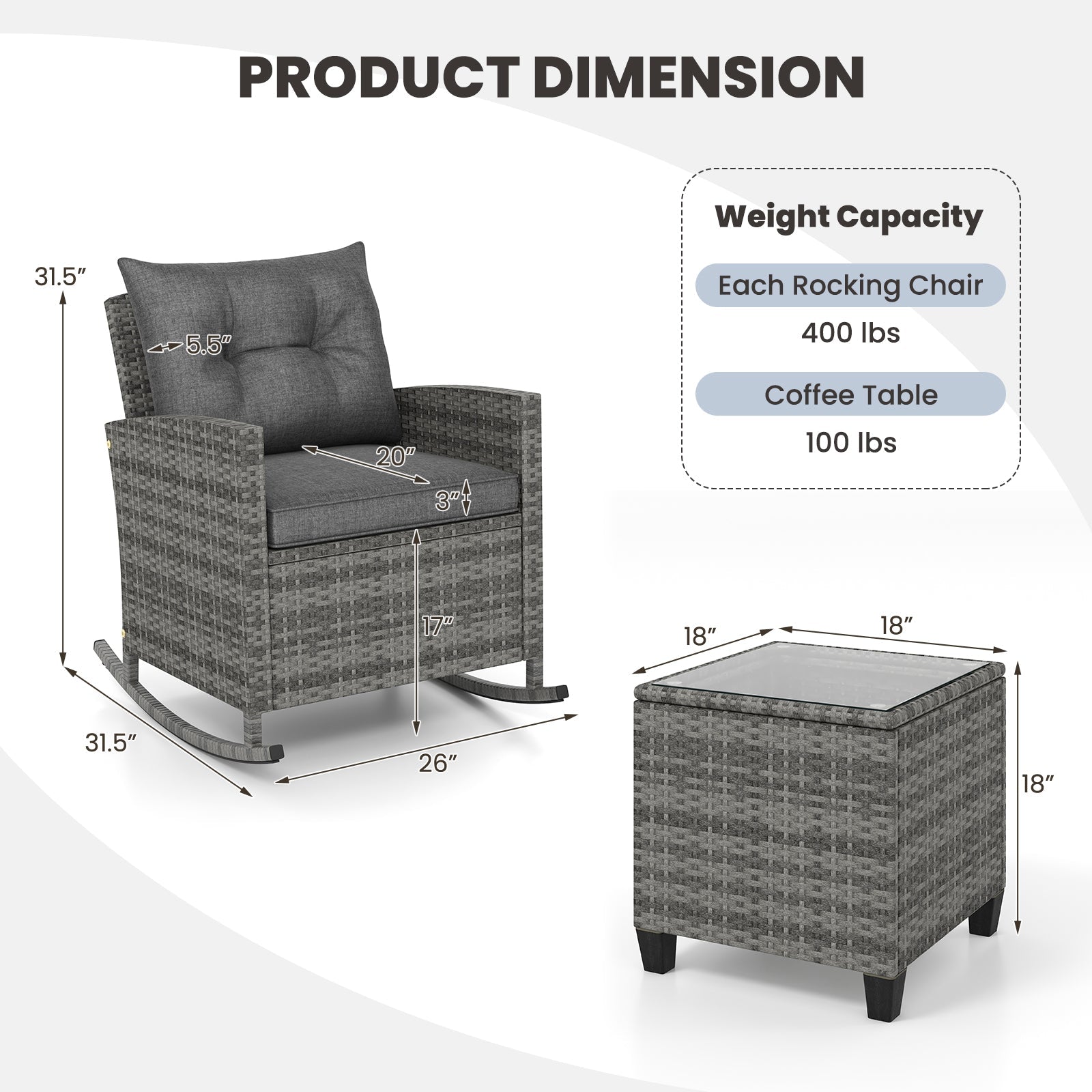 Patio Rattan Roker Chairs with Tempered Glass Table and Soft Cushions for Backyard  Poolside Porch-Gray