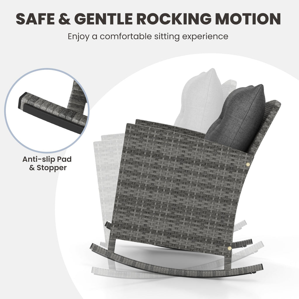 Patio Rattan Roker Chairs with Tempered Glass Table and Soft Cushions for Backyard  Poolside Porch-Gray