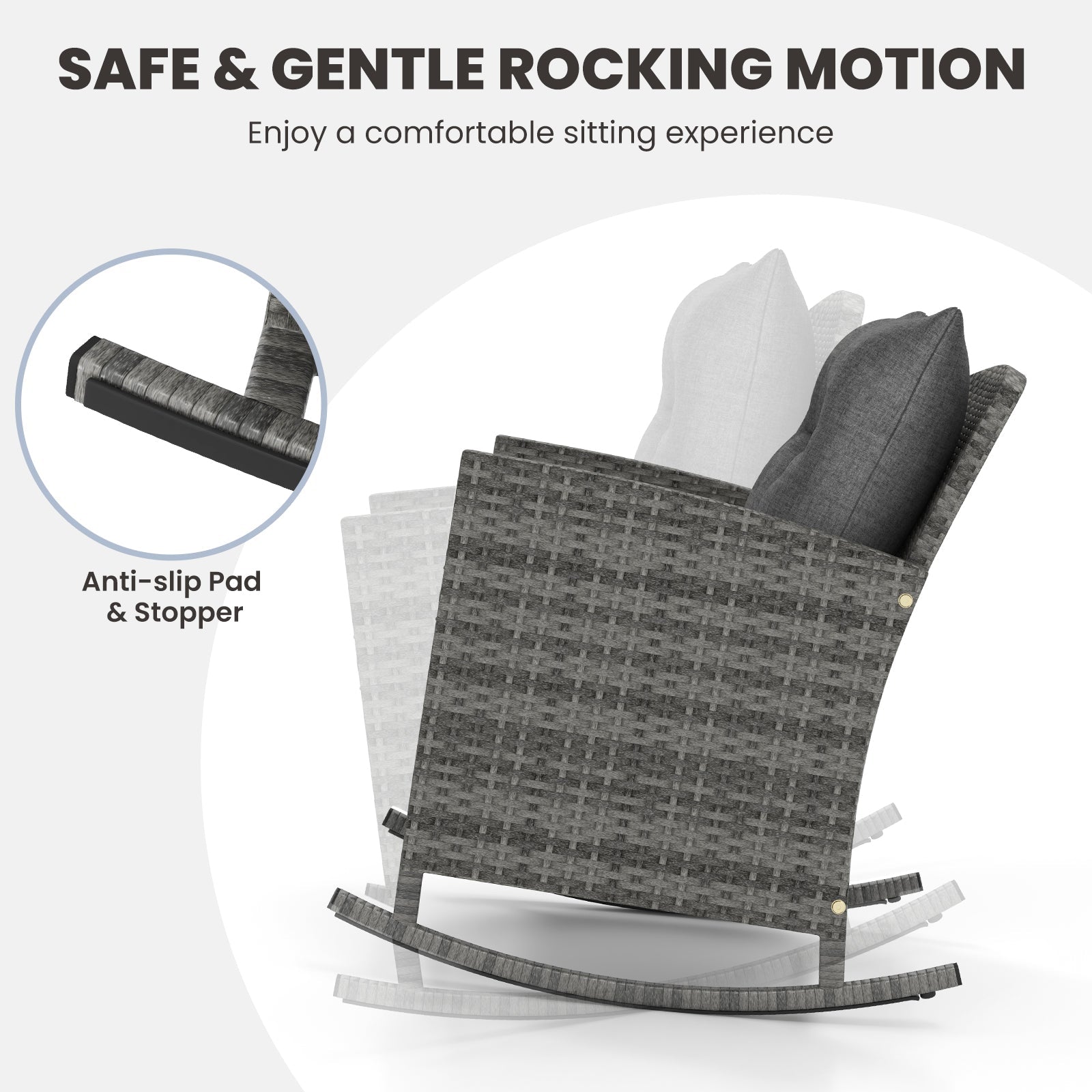 Patio Rattan Roker Chairs with Tempered Glass Table and Soft Cushions for Backyard  Poolside Porch-Gray