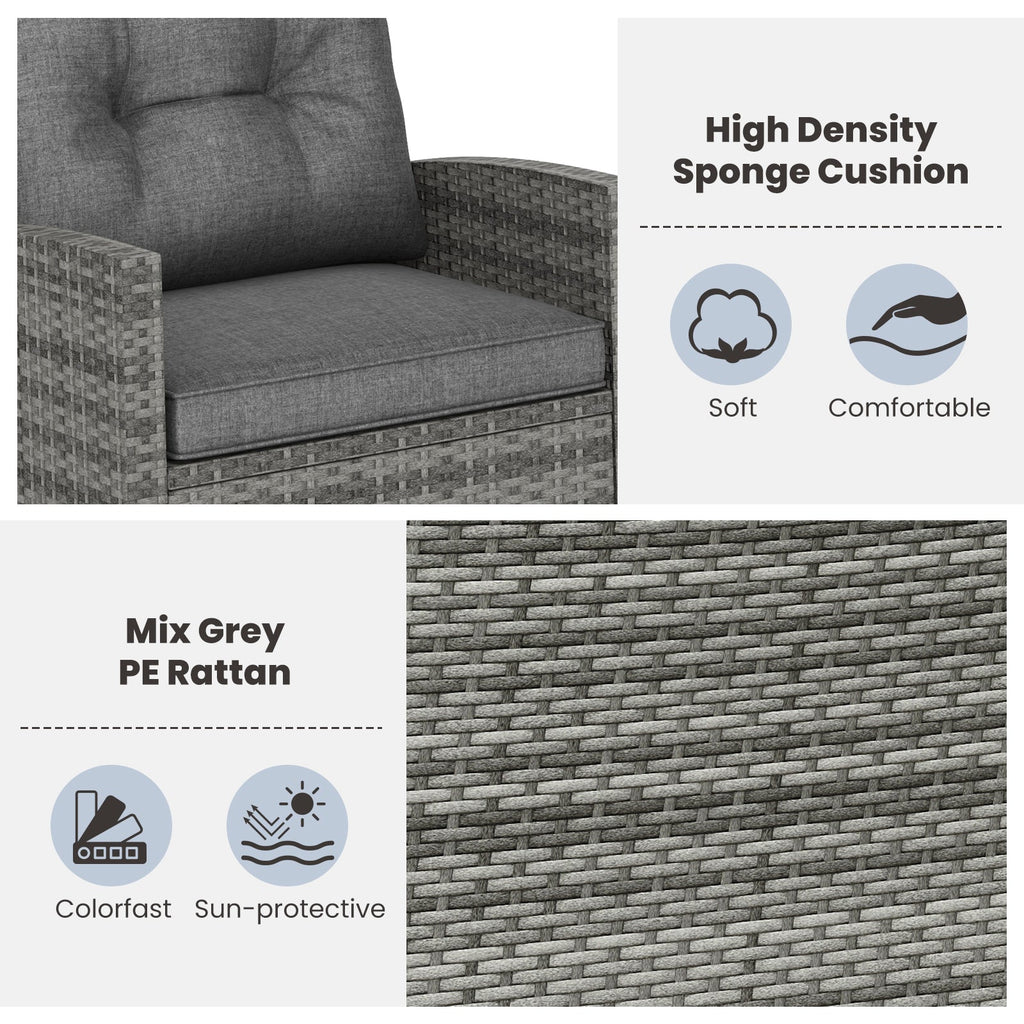 Patio Rattan Roker Chairs with Tempered Glass Table and Soft Cushions for Backyard  Poolside Porch-Gray