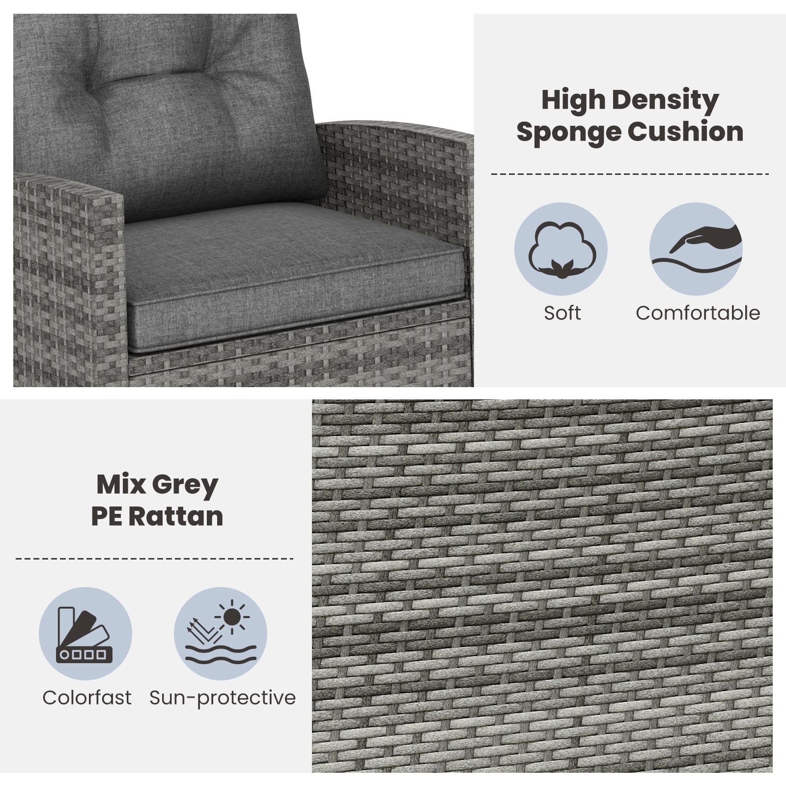 Patio Rattan Roker Chairs with Tempered Glass Table and Soft Cushions for Backyard  Poolside Porch-Gray