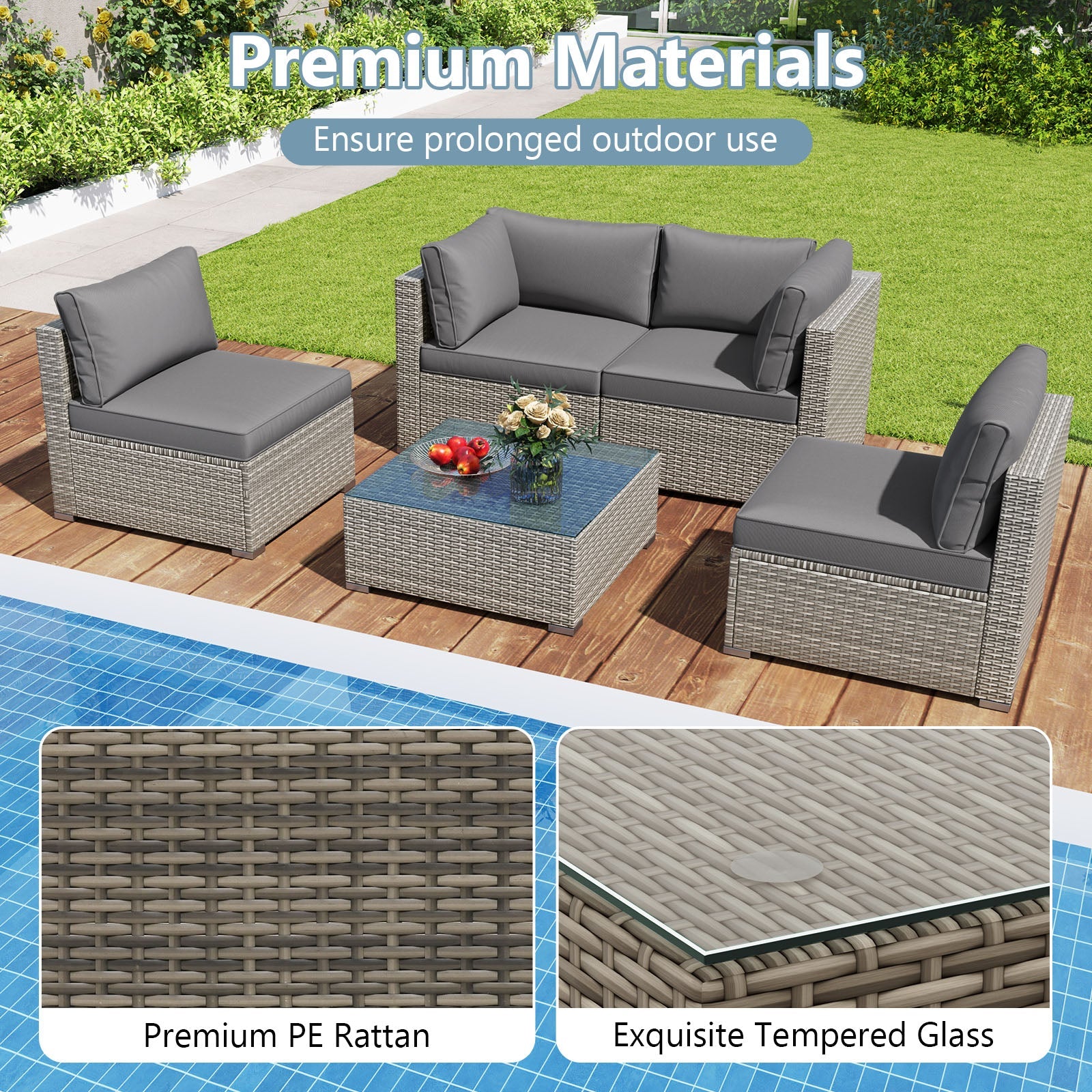 5-Piece Outdoor Patio Sectional Sofa Couch and Glass Coffee Table with Cushions-Gray
