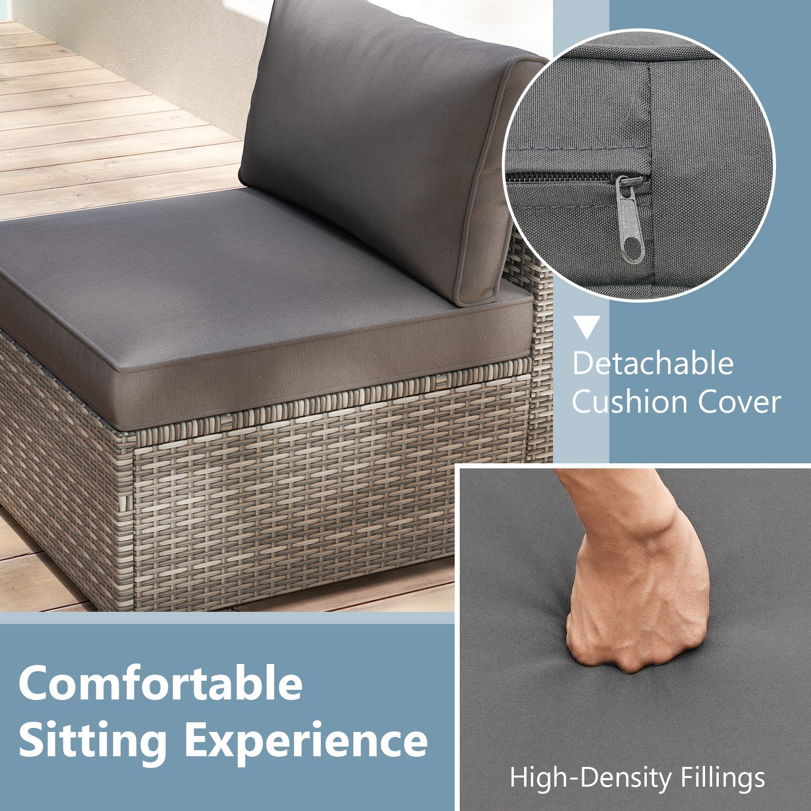 5-Piece Outdoor Patio Sectional Sofa Couch and Glass Coffee Table with Cushions-Gray